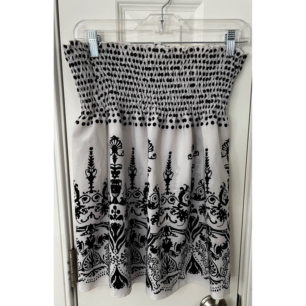 Fashion Bug Womens Large Strapless Smocked Tube Top Black White Damask Polka Dot